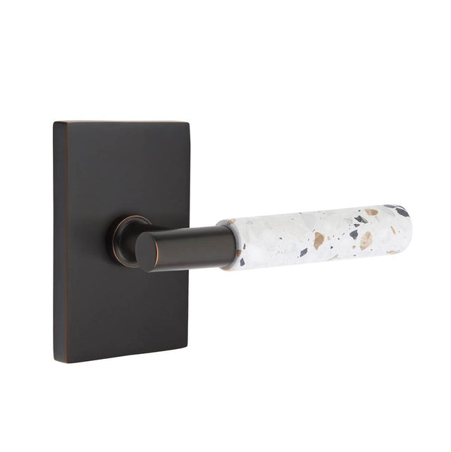Emtek - Select Passage, Modern Rectangular Rosette US10B, T-Bar Stem US10B, Light Terrazzo Handle, LH - Oil Rubbed Bronze