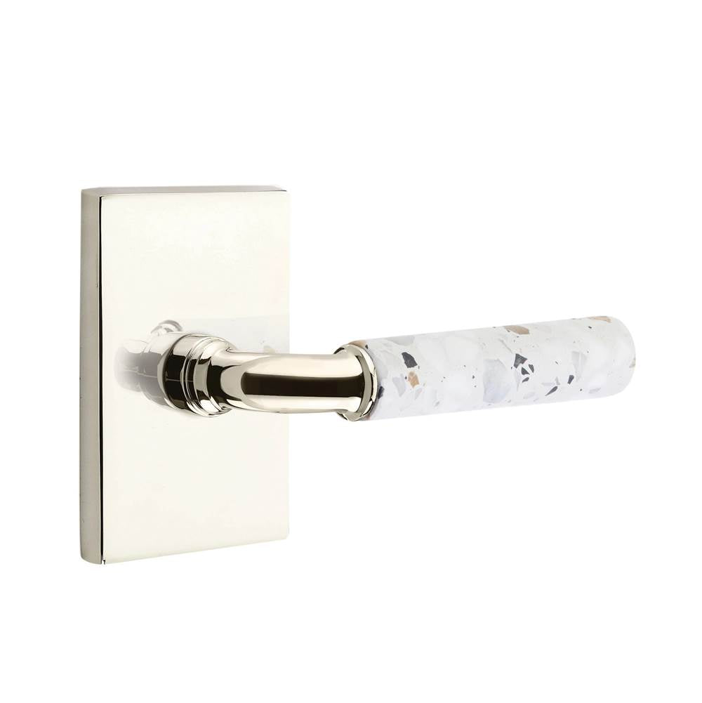 Emtek - Select Passage, Modern Rectangular Rosette US14, R-Bar Stem US14, Light Terrazzo Handle, LH - Polished Nickel