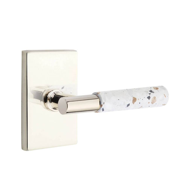 Emtek - Select Dummy, Modern Rectangular Rosette US14, T-Bar Stem US14, Light Terrazzo Handle - Polished Nickel