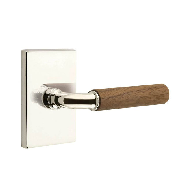 Emtek - Select Passage, Modern Rectangular Rosette US14, R-Bar Stem US14, Dark Walnut Handle, RH - Polished Nickel