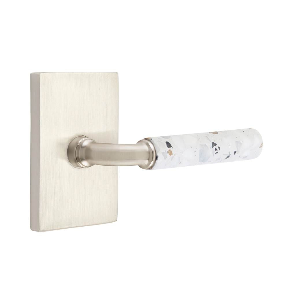 Emtek - Select Privacy, Modern Rectangular Rosette US15, R-Bar Stem US15, Light Terrazzo Handle, LH - Satin Nickel