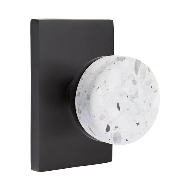 Emtek - Concealed Fastener, Select Privacy, Modern Rectangular Rosette US19, Conical Stem US19, Light Terrazzo Knob - Flat Black