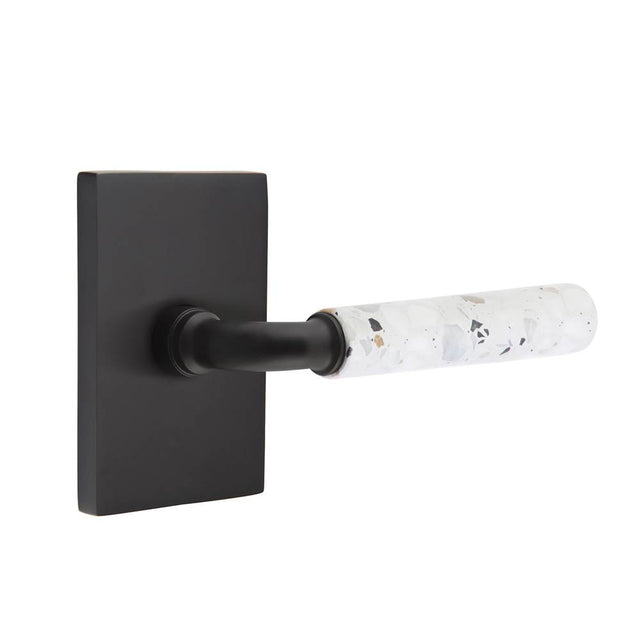 Emtek - Select Privacy, Modern Rectangular Rosette US19, R-Bar Stem US19, Light Terrazzo Handle, LH - Flat Black