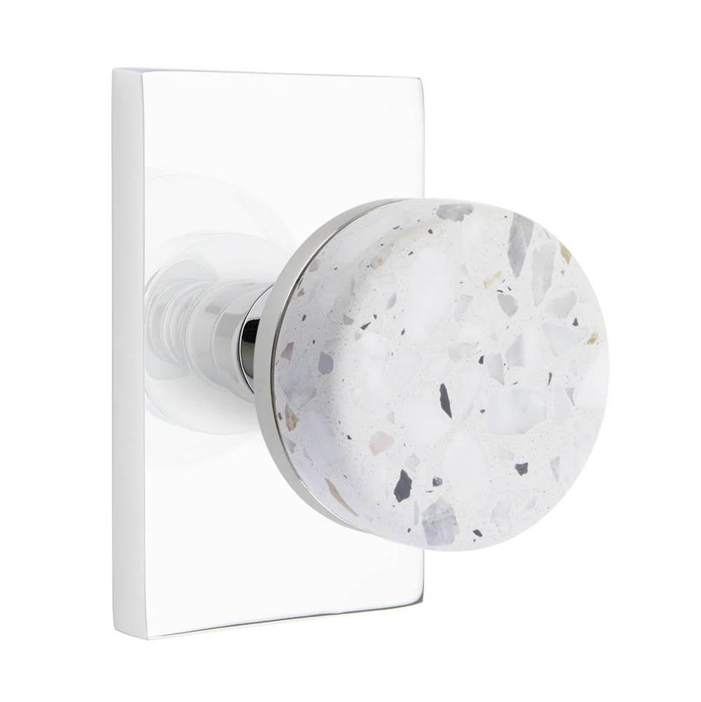 Emtek - Concealed Fastener, Select Passage, Modern Rectangular Rosette US26, Conical Stem US26, Light Terrazzo Knob - Polished Chrome