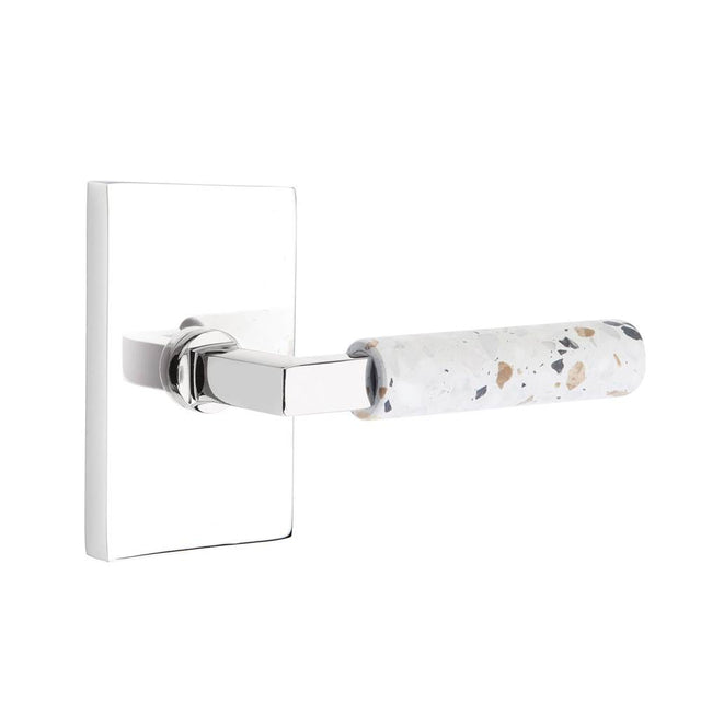 Emtek - Select Privacy, Modern Rectangular Rosette US26, L-Square Stem US26, Light Terrazzo Handle, LH - Polished Chrome