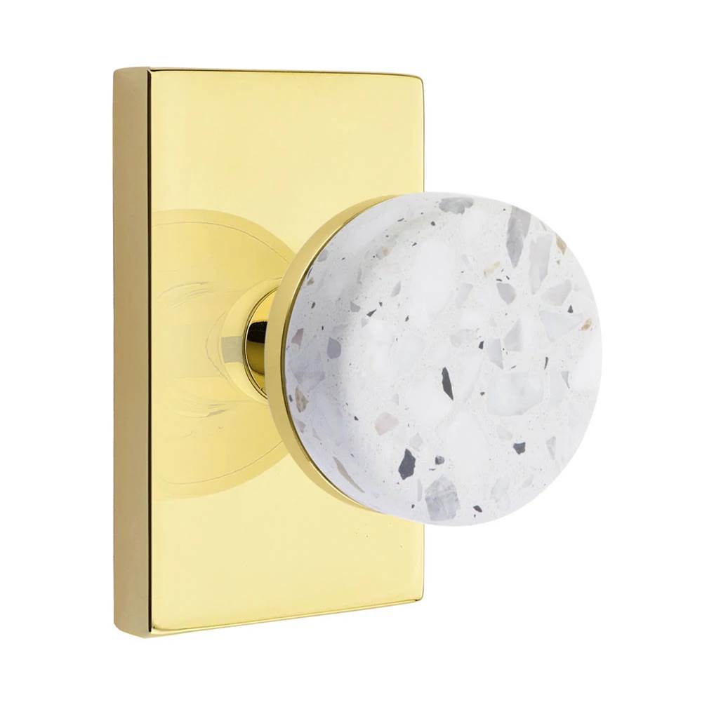 Emtek - Select Passage, Modern Rectangular Rosette US3NL, Conical Stem US3NL, Light Terrazzo Knob - Unlacquered Brass