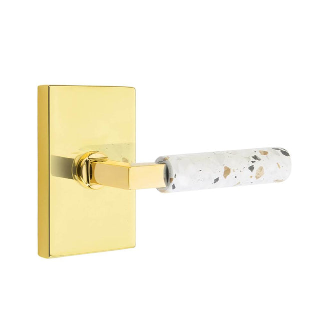 Emtek - Select Dummy, Modern Rectangular Rosette US3NL, L-Square Stem US3NL, Light Terrazzo Handle - Unlacquered Brass