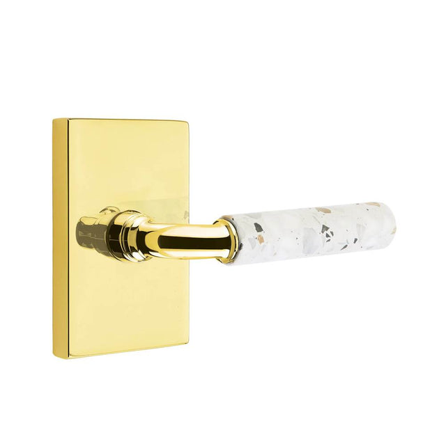 Emtek - Select Passage, Modern Rectangular Rosette US3NL, R-Bar Stem US3NL, Light Terrazzo Handle, RH - Unlacquered Brass