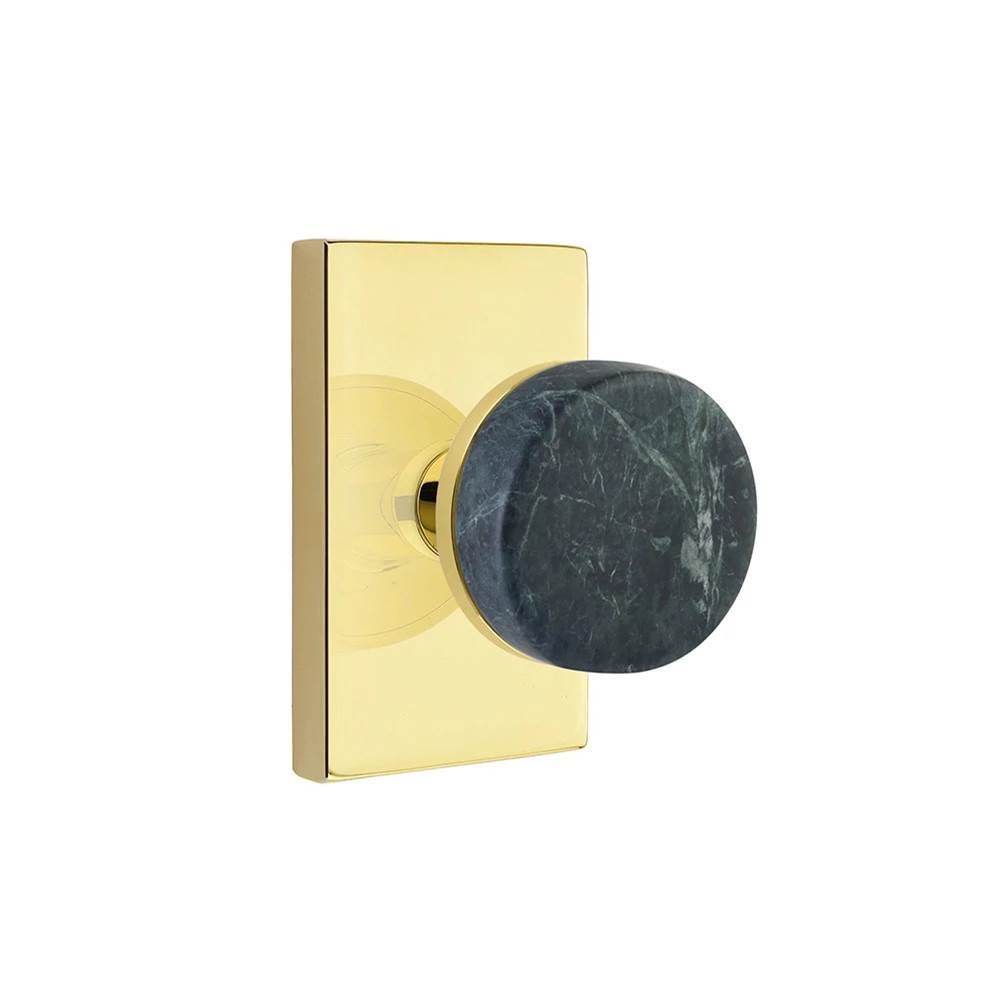 Emtek - Select Privacy, Modern Rectangular Rosette US3NL, Conical Stem US3NL, Green Marble Knob - Unlacquered Brass