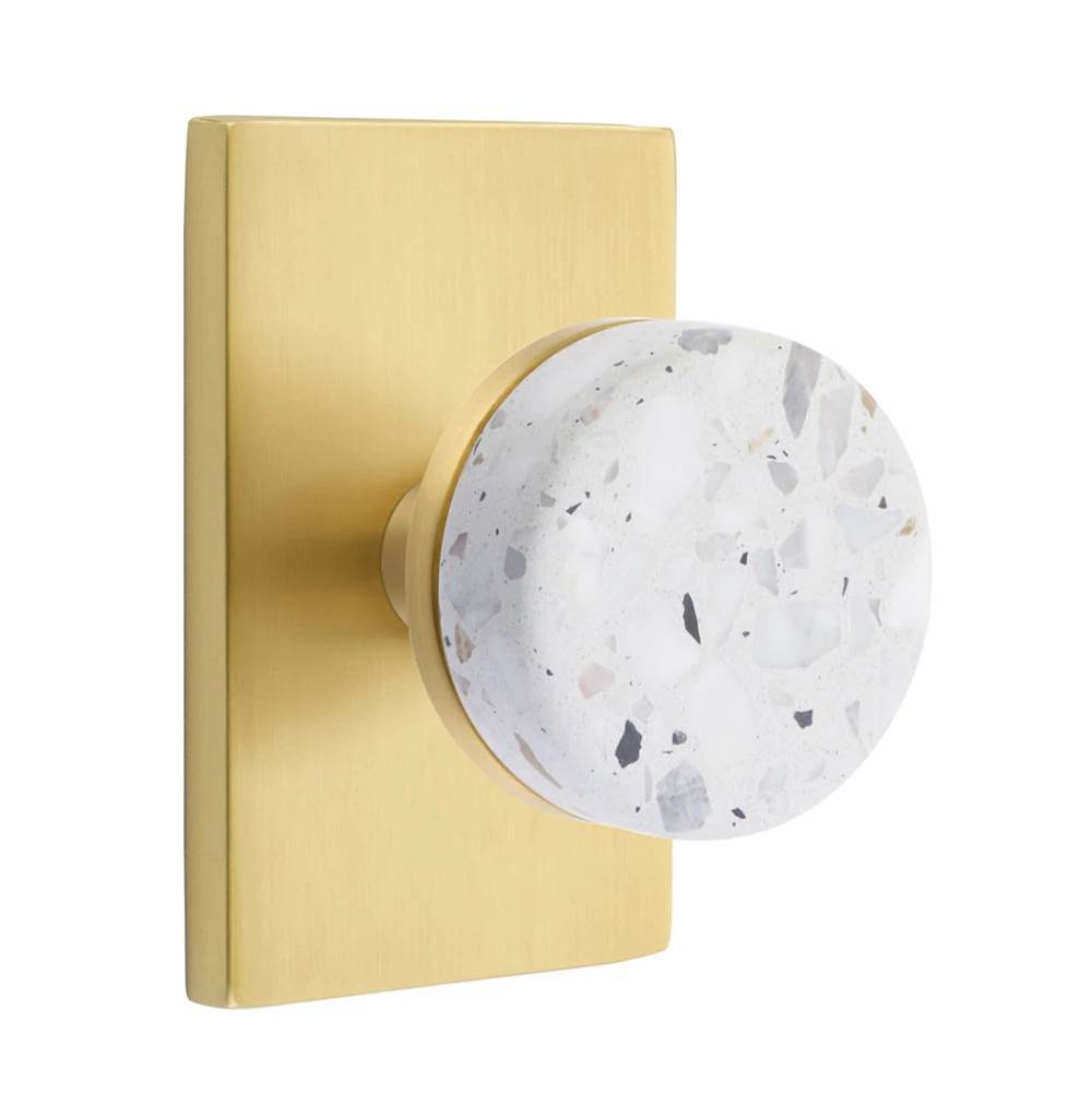 Emtek - Select Dummy, Modern Rectangular Rosette US4, Conical Stem US4, Light Terrazzo Knob - Satin Brass