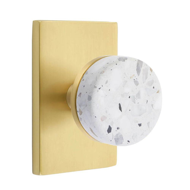 Emtek - Concealed Fastener, Select Privacy, Modern Rectangular Rosette US4, Conical Stem US4, Light Terrazzo Knob - Satin Brass