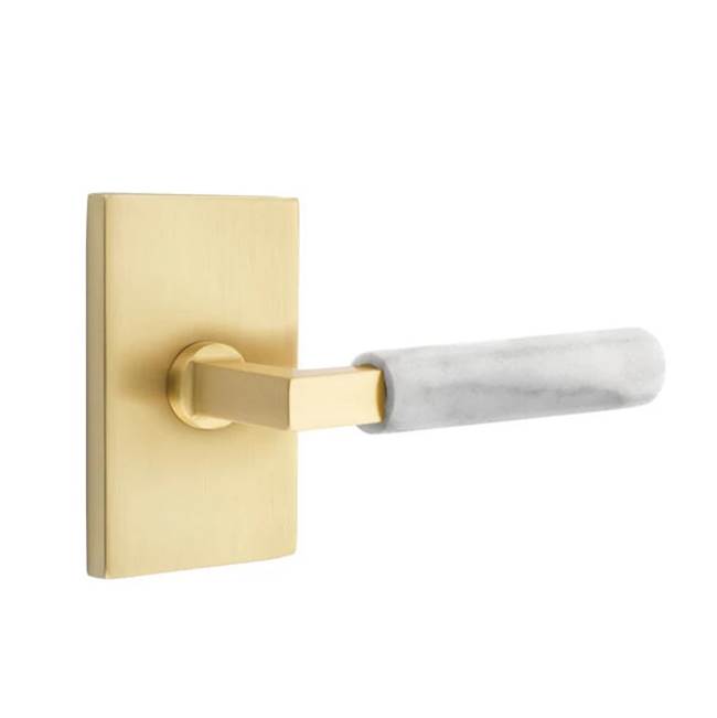 Emtek - Dummy, Modern Rectangular Rosette US4, L-Square Stem US4, White Marble Handle - Satin Brass