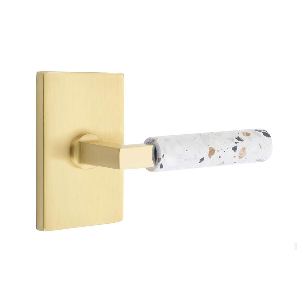 Emtek - Select Passage, Modern Rectangular Rosette US4, L-Square Stem US4, Light Terrazzo Handle, RH - Satin Brass