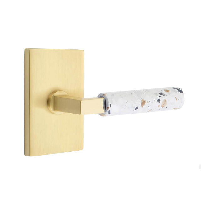 Emtek - Select Privacy, Modern Rectangular Rosette US4, L-Square Stem US4, Light Terrazzo Handle, LH - Satin Brass
