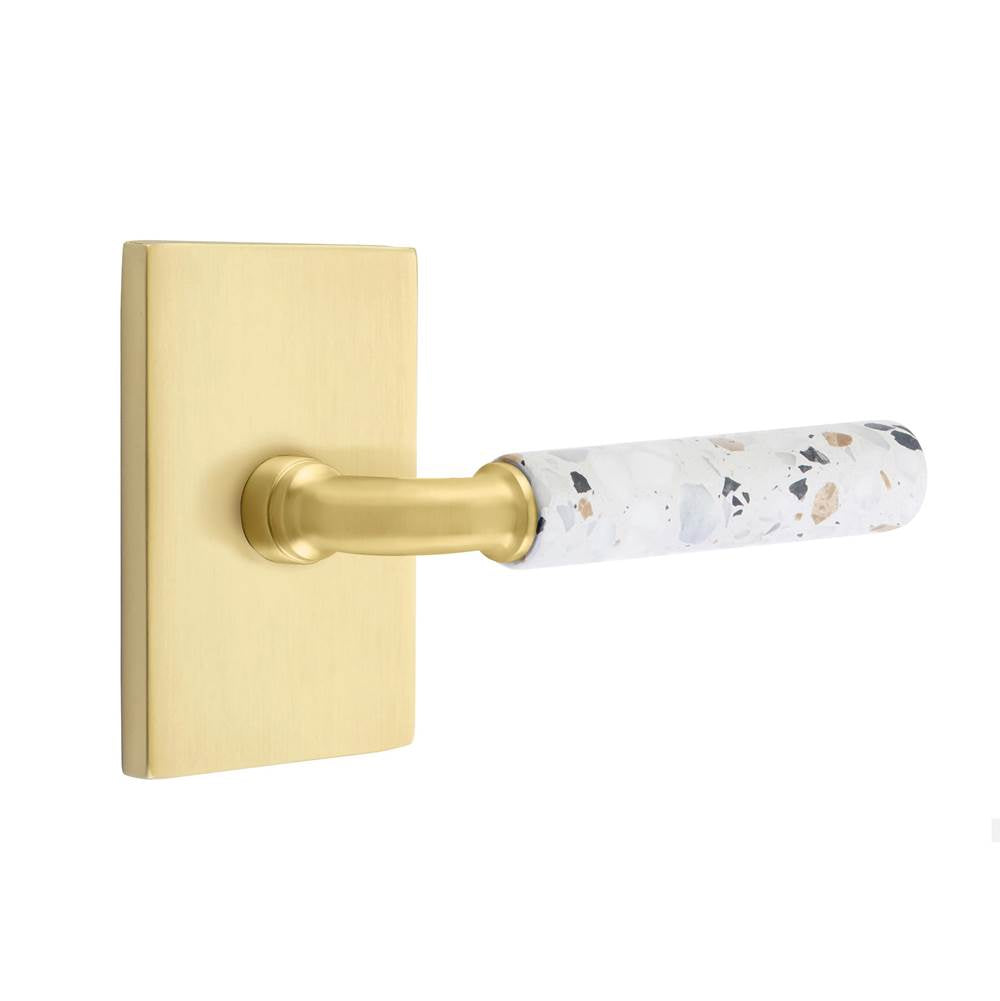 Emtek - Select Passage, Modern Rectangular Rosette US4, R-Bar Stem US4, Light Terrazzo Handle, LH - Satin Brass