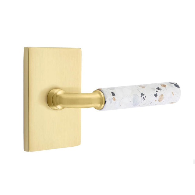 Emtek - Select Privacy, Modern Rectangular Rosette US4, R-Bar Stem US4, Light Terrazzo Handle, LH - Satin Brass