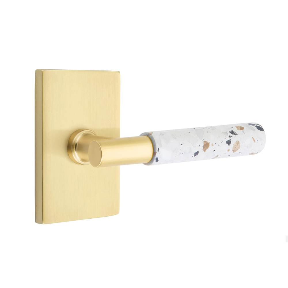 Emtek - Select Privacy, Modern Rectangular Rosette US4, T-Bar Stem US4, Light Terrazzo Handle, LH - Satin Brass