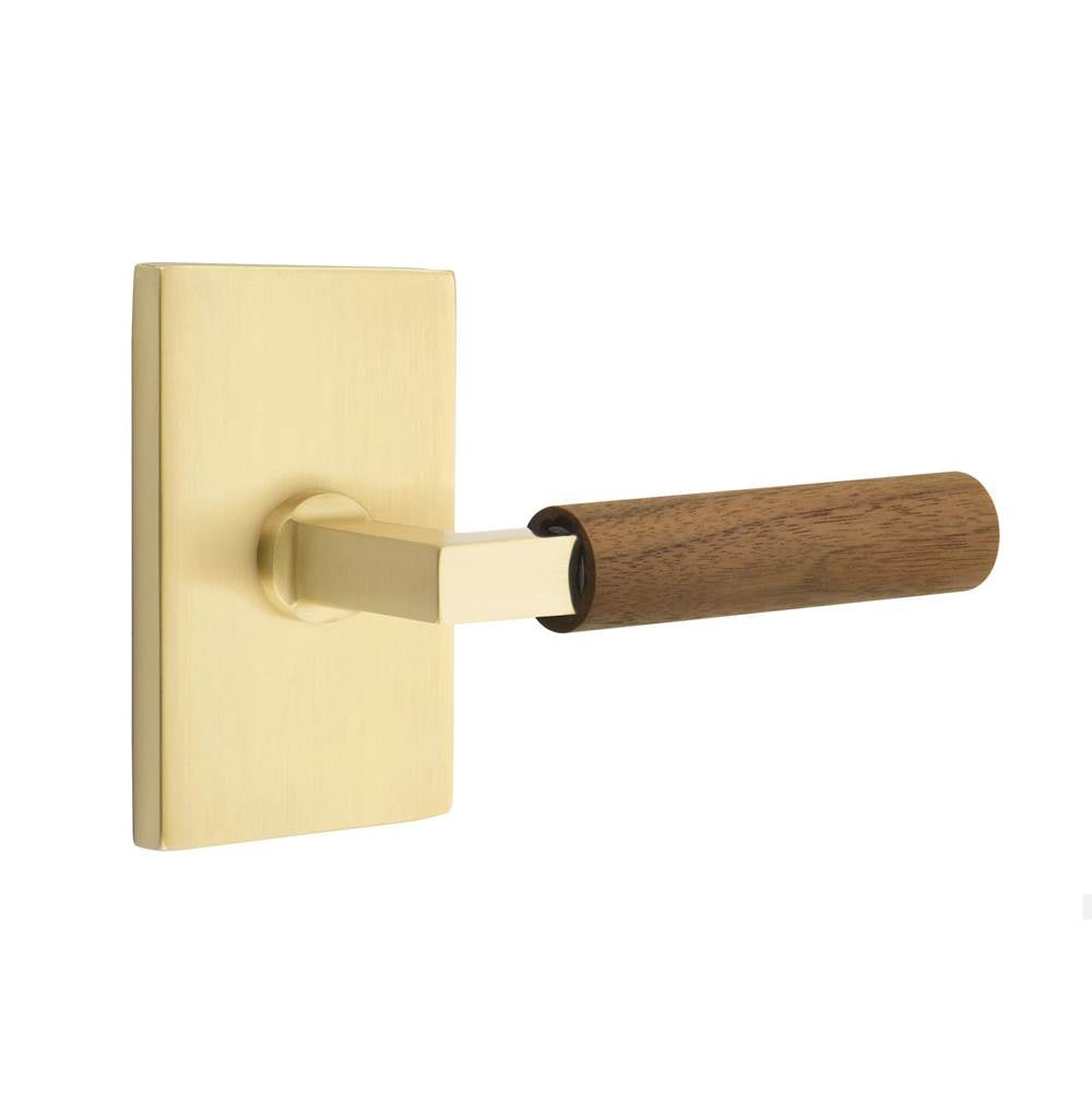 Emtek - Select Passage, Modern Rectangular Rosette US4, L-Square Stem US4, Dark Walnut Handle, LH - Satin Brass