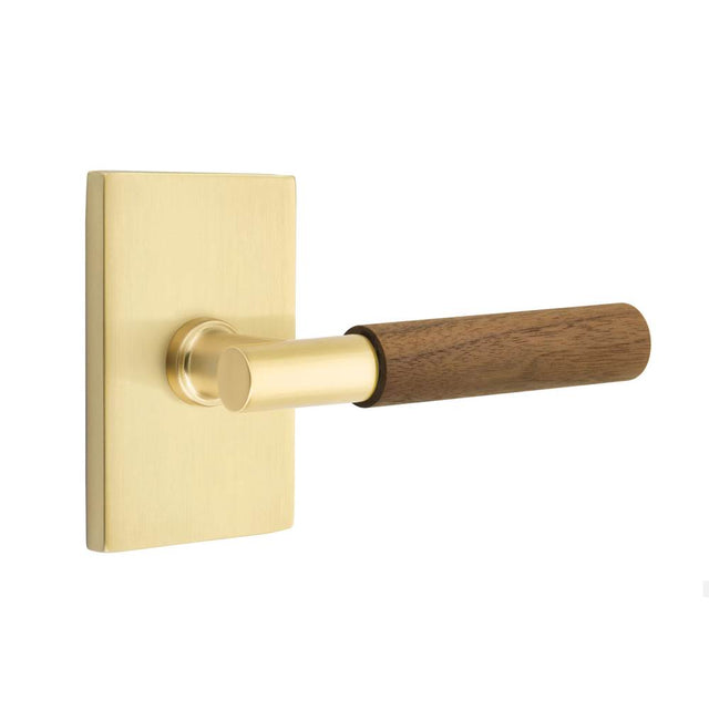 Emtek - Select Passage, Modern Rectangular Rosette US4, T-Bar Stem US4, Dark Walnut Handle, RH - Satin Brass