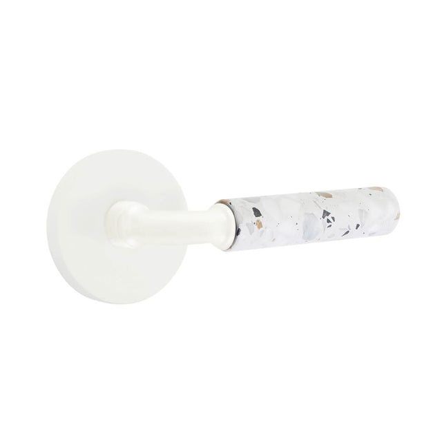 Emtek - Select Passage, Disk Rosette Matte White, R-Bar Stem Matte White, Light Terrazzo Handle, RH - Matte White