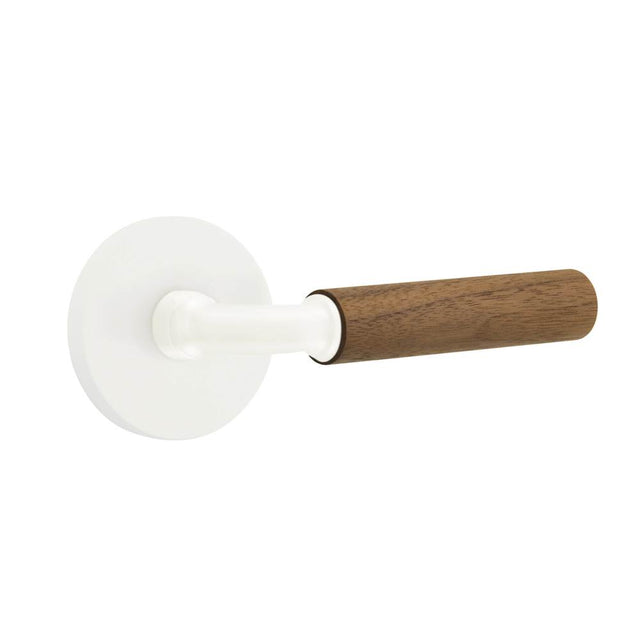 Emtek - Select Passage, Disk Rosette Matte White, R-Bar Stem Matte White, Dark Walnut Handle, RH - Matte White