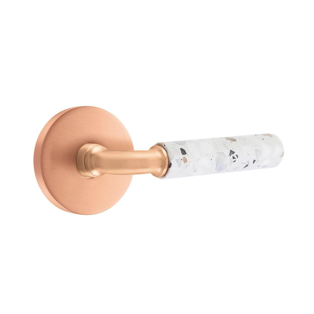 Emtek - Select Passage, Disk Rosette Satin Rose Gold, R-Bar Stem Satin Rose Gold, Light Terrazzo Handle, LH - Satin Rose Gold
