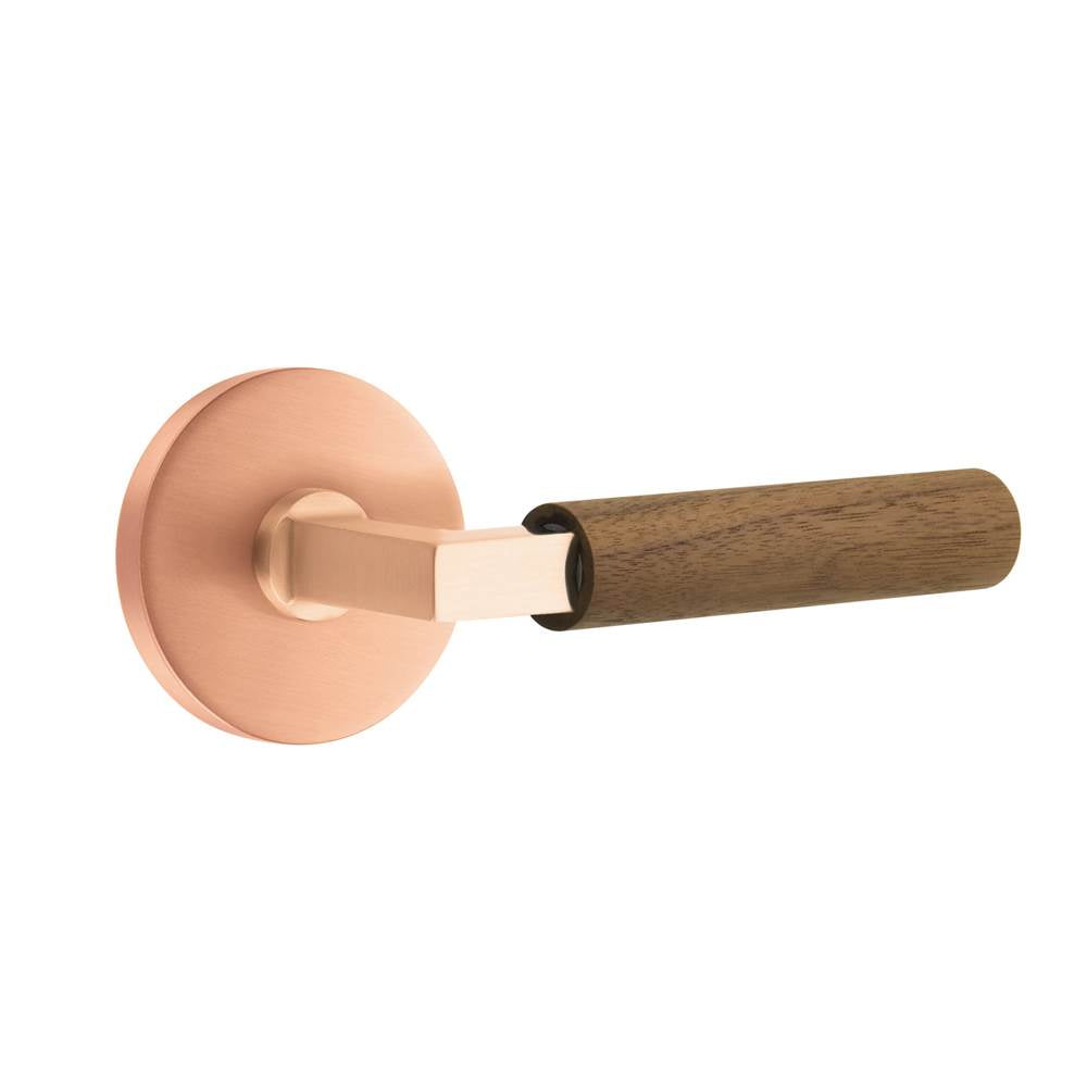Emtek - Select Privacy, Disk Rosette Satin Rose Gold, L-Square Stem Satin Rose Gold, Dark Walnut Handle, LH - Satin Rose Gold