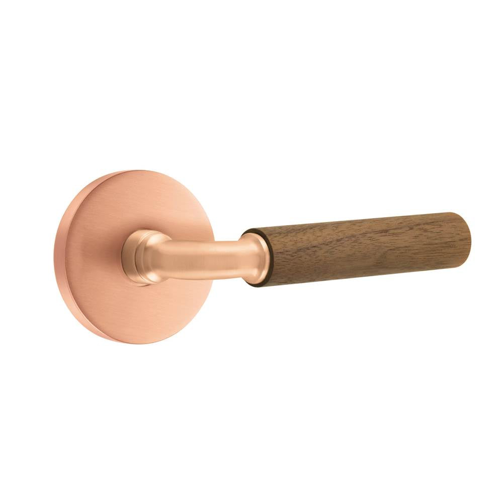 Emtek - Select Passage, Disk Rosette Satin Rose Gold, R-Bar Stem Satin Rose Gold, Dark Walnut Handle, LH - Satin Rose Gold