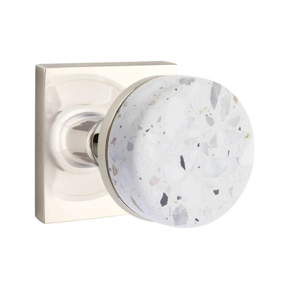 Emtek - Select Privacy, Square Rosette US14, Conical Stem US14, Light Terrazzo Knob - Polished Nickel