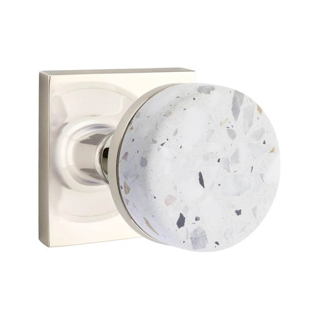 Emtek - Concealed Fastener, Select Privacy, Square Rosette US14, Conical Stem US14, Light Terrazzo Knob - Polished Nickel