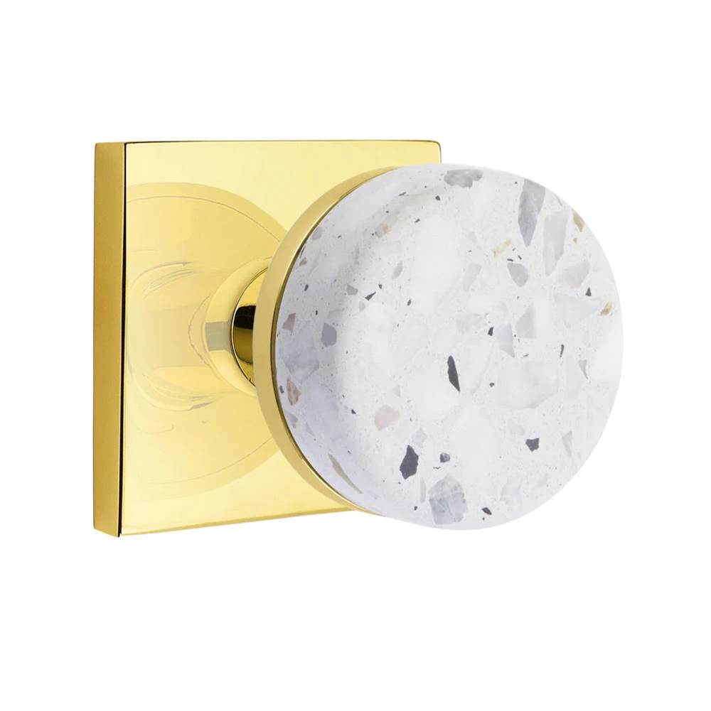 Emtek - Select Privacy, Square Rosette US3NL, Conical Stem US3NL, Light Terrazzo Knob - Unlacquered Brass