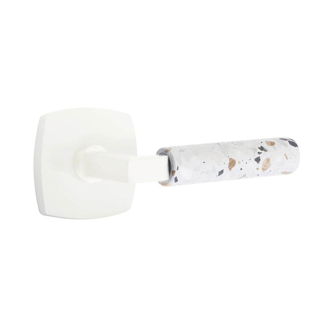 Emtek - Select Privacy, Urban Modern Rosette Matte White, L-Square Stem Matte White, Light Terrazzo Handle, RH - Matte White
