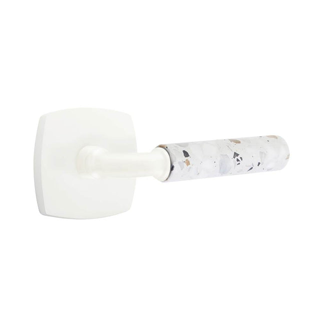 Emtek - Select Privacy, Urban Modern Rosette Matte White, R-Bar Stem Matte White, Light Terrazzo Handle, LH - Matte White