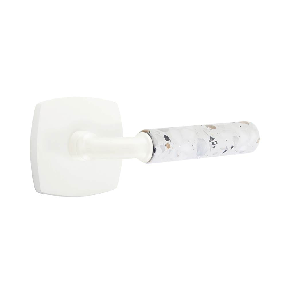 Emtek - Select Privacy, Urban Modern Rosette Matte White, R-Bar Stem Matte White, Light Terrazzo Handle, RH - Matte White