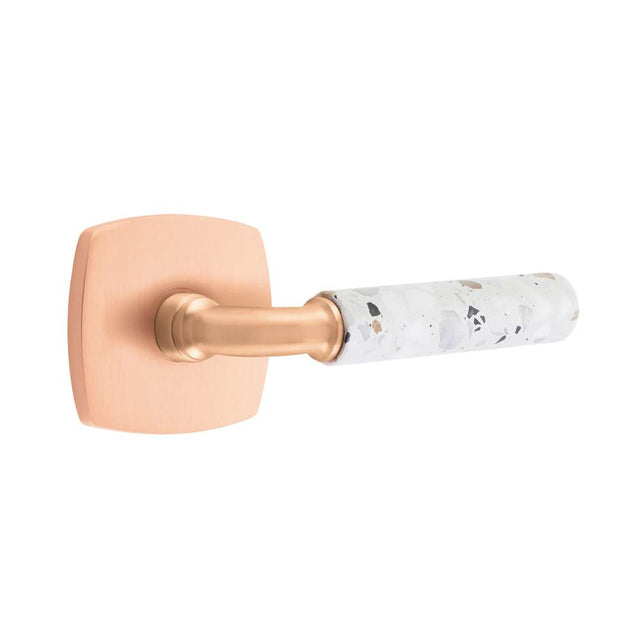 Emtek - Select Passage, Urban Modern Rosette Satin Rose Gold, R-Bar Stem Satin Rose Gold, Light Terrazzo Handle, RH - Satin Rose Gold