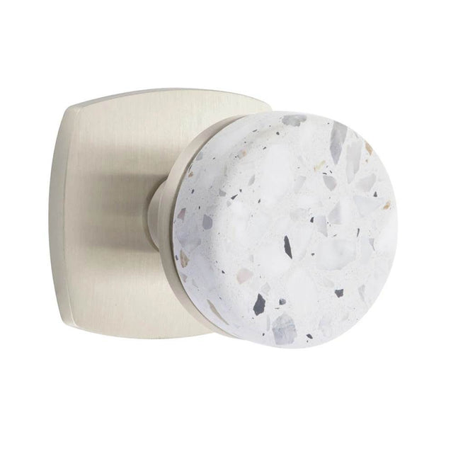 Emtek - Select Privacy, Urban Modern Rosette US15, Conical Stem US15, Light Terrazzo Knob - Satin Nickel