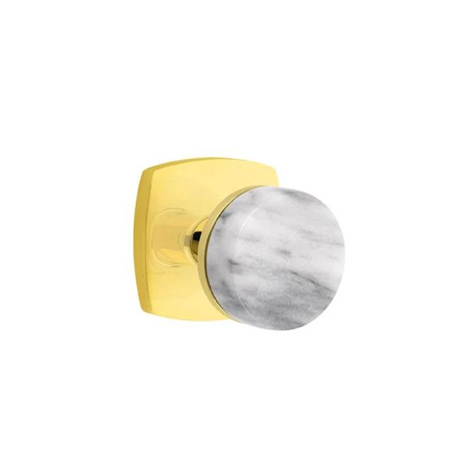 Emtek - Concealed Fastener Privacy, Urban Modern Rosette US3NL, Conical Stem US3NL, White Marble Knob - Unlacquered Brass