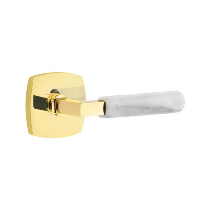 Emtek - Privacy, Urban Modern Rosette US3NL, L-Square Stem US3NL, White Marble Handle, RH - Unlacquered Brass