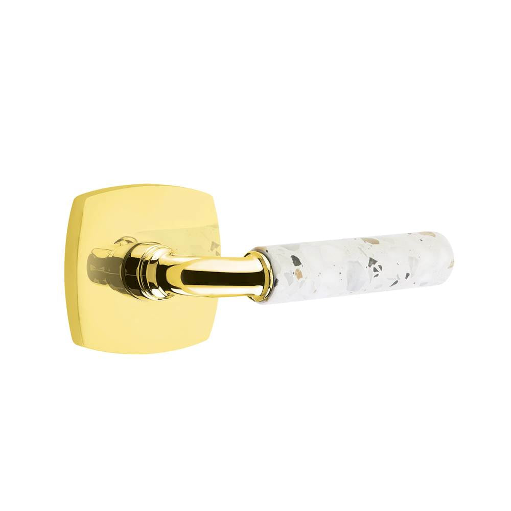Emtek - Select Privacy, Urban Modern Rosette US3NL, R-Bar Stem US3NL, Light Terrazzo Handle, RH - Unlacquered Brass