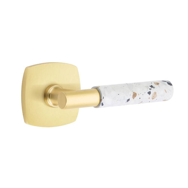 Emtek - Select Privacy, Urban Modern Rosette US4, T-Bar Stem US4, Light Terrazzo Handle, RH - Satin Brass