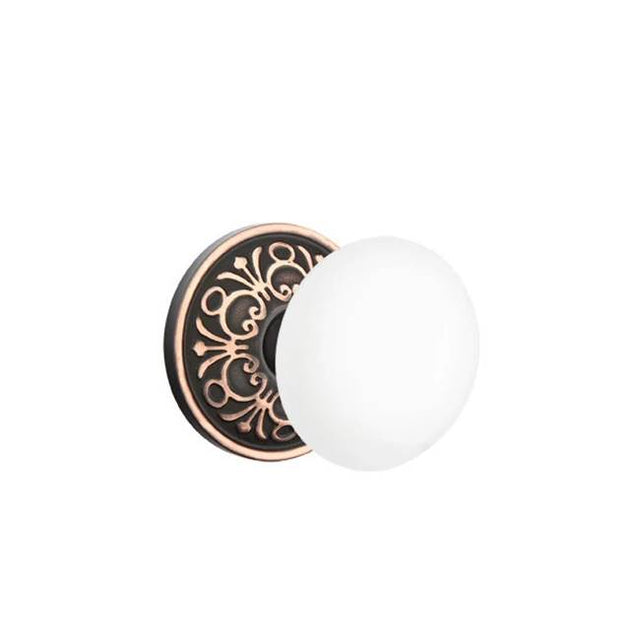 Emtek - Concealed, Passage, Lancaster Rosette, Ice White Knob, US10B - Oil Rubbed Bronze