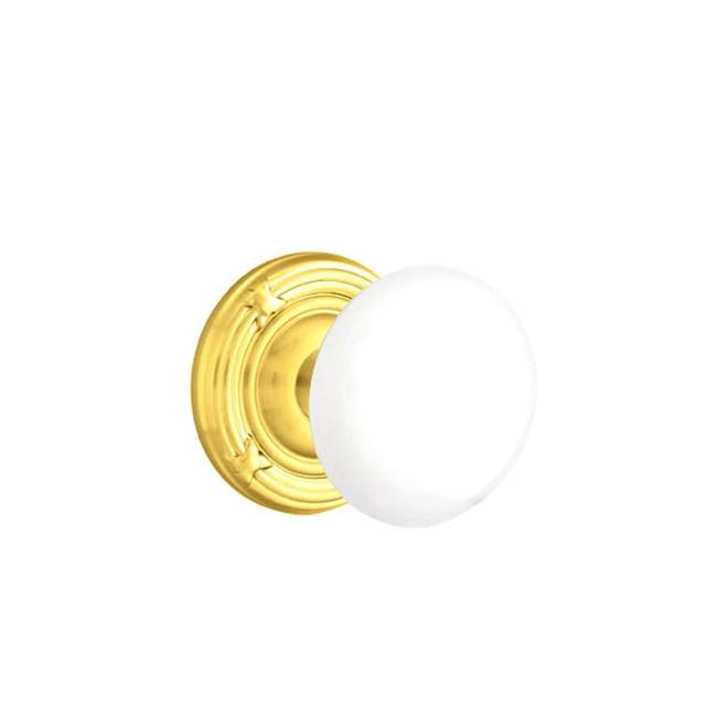 Emtek - Concealed, Privacy, Ribbon and Reed Rosette, Ice White Knob, US3 - Polished Brass