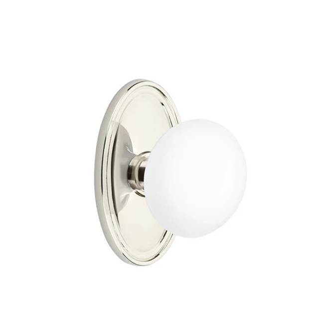 Emtek - Concealed Fastener Privacy, Oval Rosette, Ice White Porcelain Knob, US14 - Polished Nickel