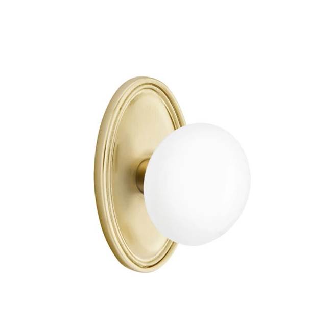 Emtek - Concealed Fastener Passage, Oval Rosette, Ice White Porcelain Knob, US4 - Satin Brass