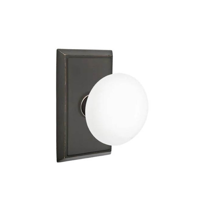 Emtek - Concealed, Passage, Rectangular Rosette, Ice White Knob, US10B - Oil Rubbed Bronze