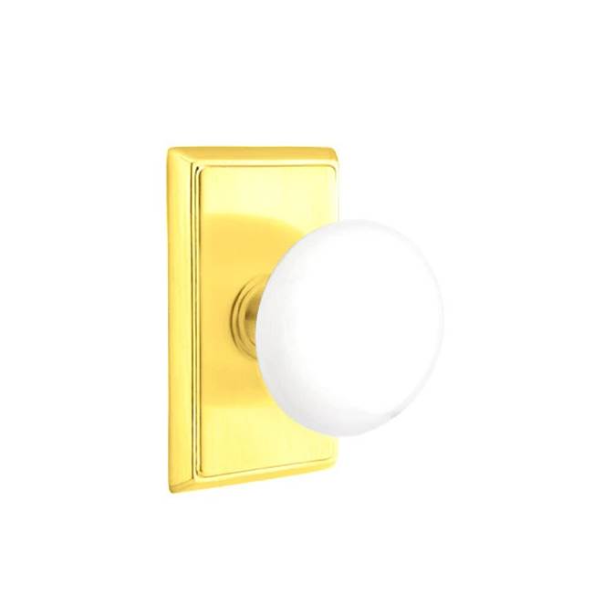 Emtek - Concealed, Passage, Rectangular Rosette, Ice White Knob, US3 Lifetime - Polished Brass