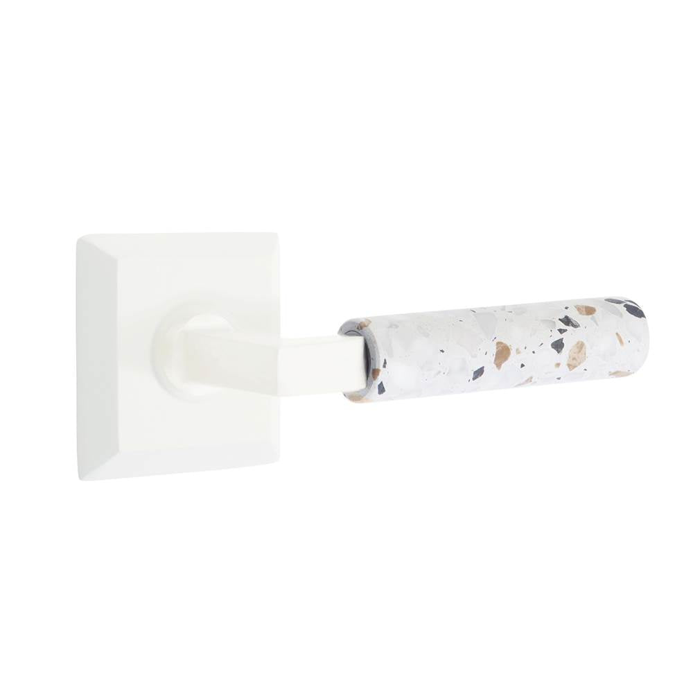 Emtek - Select Dummy, Quincy Rosette Matte White, L-Square Stem Matte White, Light Terrazzo Handle - Matte White