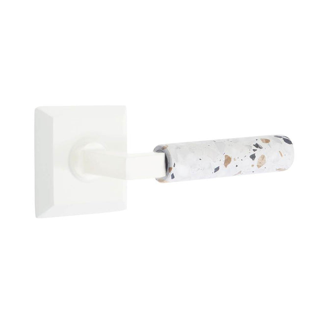 Emtek - Select Dummy, Quincy Rosette Matte White, L-Square Stem Matte White, Light Terrazzo Handle - Matte White