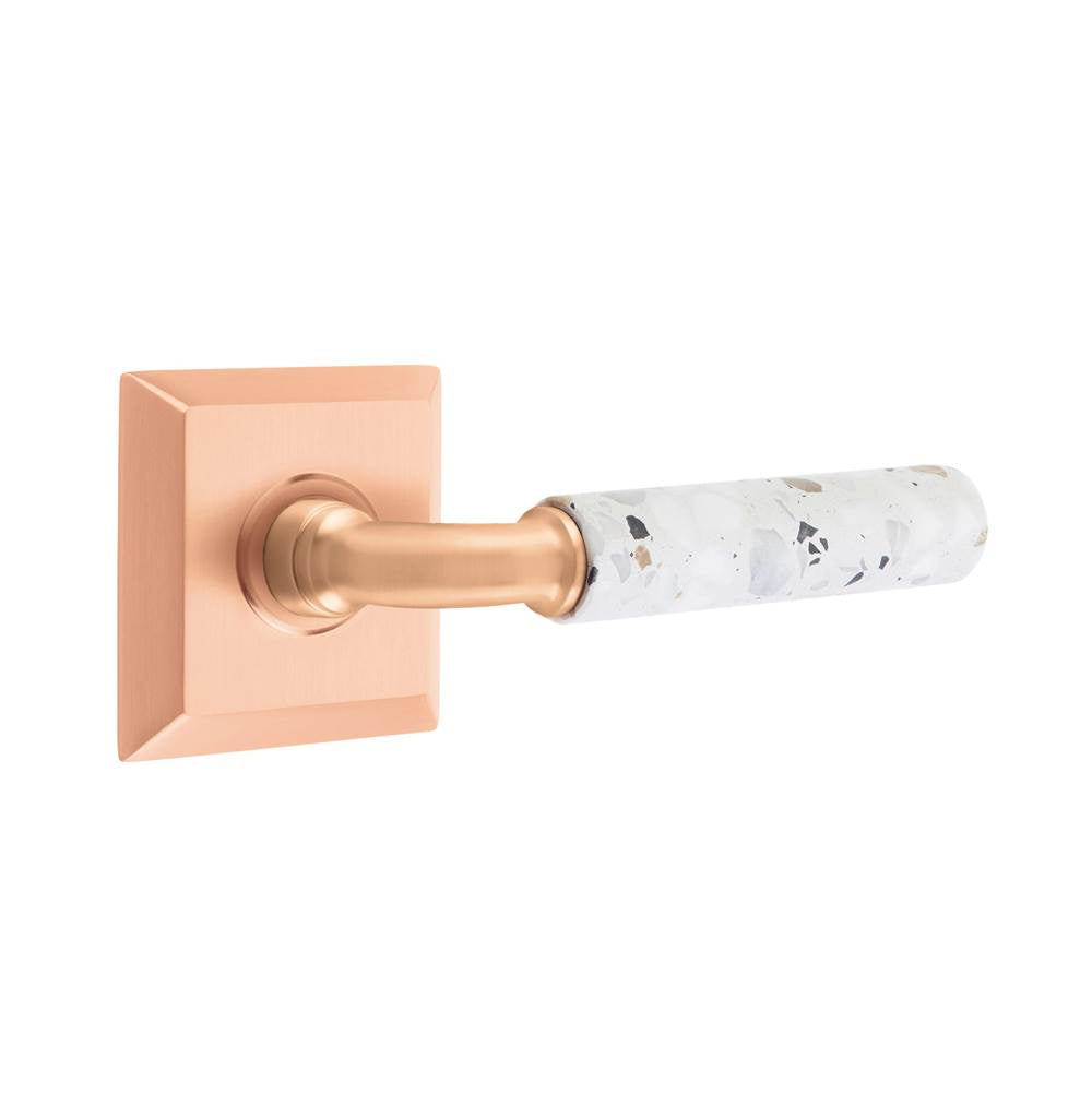 Emtek - Select Passage, Quincy Rosette Satin Rose Gold, R-Bar Stem Satin Rose Gold, Light Terrazzo Handle, RH - Satin Rose Gold