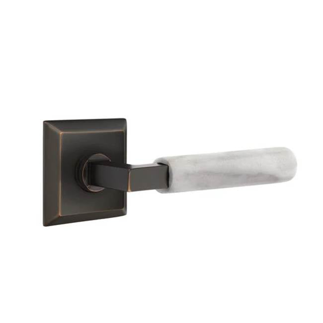 Emtek - Privacy, Quincy Rosette US10B, L-Square Stem US10B, White Marble Handle, RH - Oil Rubbed Bronze